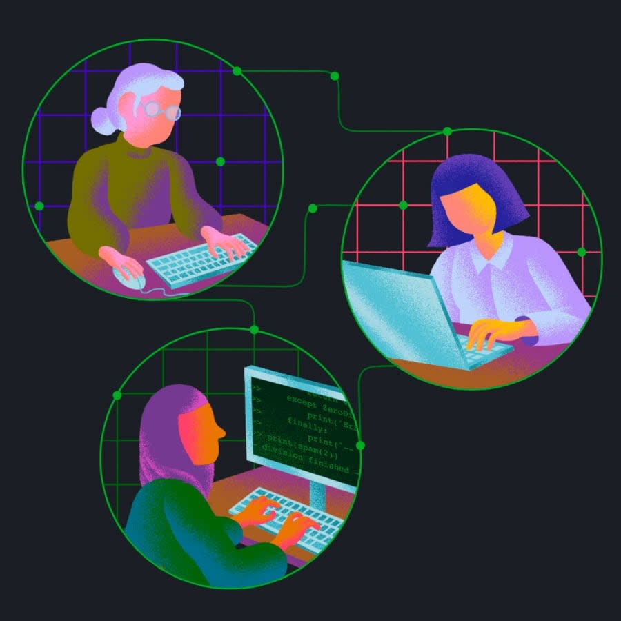 Illustration of women networked and collaborating on a Python project.