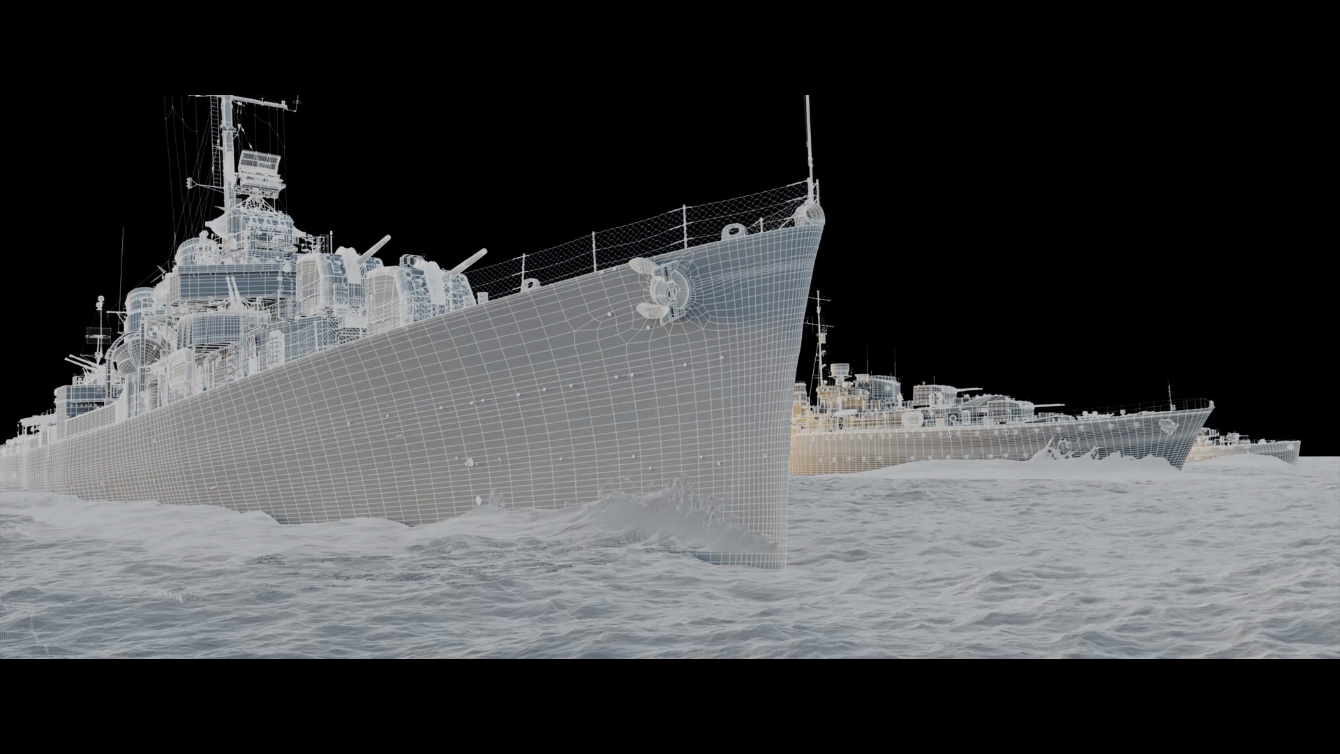 Digital rendering of 3 battleships in the open sea.