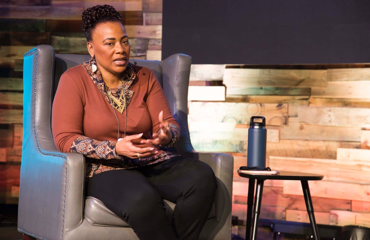 Photo of Bernice King, the CEO of The King Center, talking in an interview.