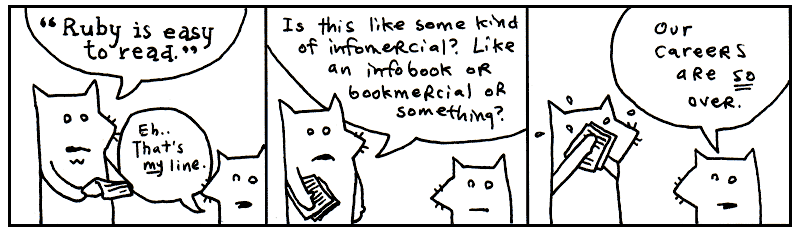 A comic strip with two cats talking about how Ruby is easy to read