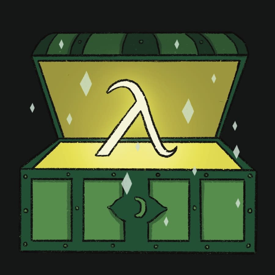 Graphic with treasure chest, and inside is a Lambda symbol, the first concept introduced in Java