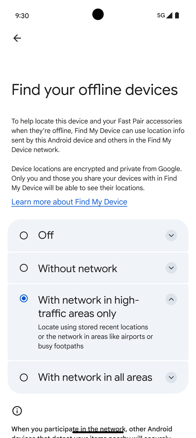 This images shows the options when you tap the find your offline devices page on your device