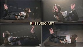 Leya - Tight Hogtie with Belts and Panel Gag with Head Harness that Pulled to Cuffed Toes (HD 720p MP4)