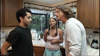 Teen babysitter is playing with herself while dude fucks her ass in the kitchen