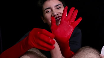 Cum on red opera gloves