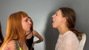 rough triple lesbian humiliation spitting in face and mouth of a mummified bitch close up