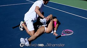 Watch Dillion Harper get her tight pussy pounded on a tennis court by a big dick