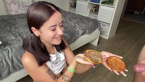 Horny Russian brunette ate burger with her stepbro's cum sauce