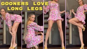 Gooners Love Long Legs- Ebony Goddess Rosie Reed Long Leg Tease In Gold High Heels And Flirty Skirt Gooner Leg Tease- standard definition