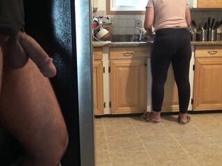 Stepmom nearly caught me but lastly I CUM over her booty!!!
