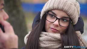 Shy nerdy brunet Bell Knock gives a blowjob and gets laid on the first date