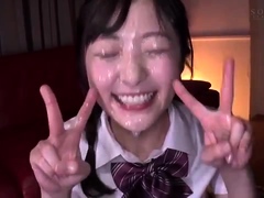 Japanese cutie takes bukkake facial