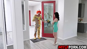 Horny clown surprises a hot MILF with a birthday sex
