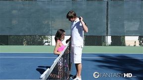 Tiny Dillion Harper playing tennis and banged