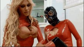 Inflatable rubber slave girl with gas mask and her latex anal mistress