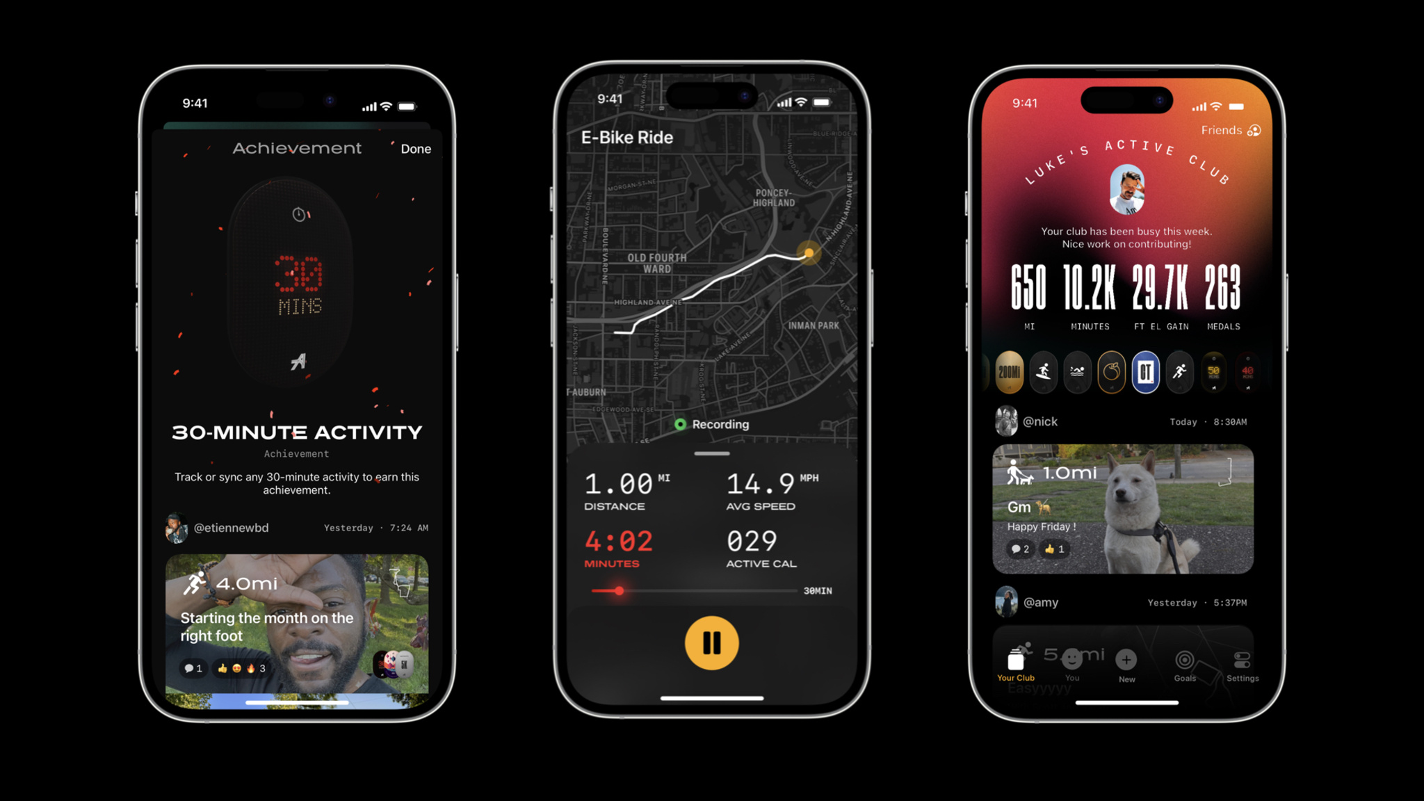 Three screenshots from Any Distance, showing the variety of ways the app displays workout data.