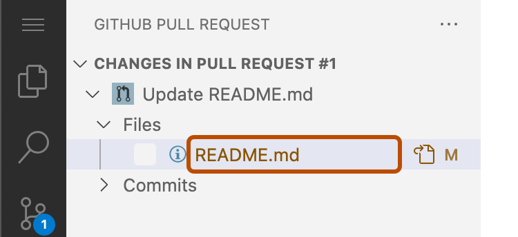Screenshot of the "GitHub Pull Request" side bar. A file name is highlighted with a dark orange outline.