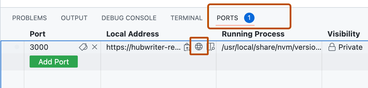 Screenshot of the "Ports" panel. The "Ports" tab and a globe icon, which opens the forwarded port in a browser, are highlighted with orange outlines.