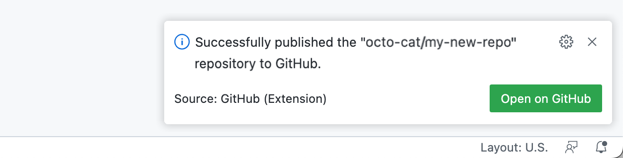Screenshot of a confirmation message for a successfully published repository, showing the "Open on GitHub" button.