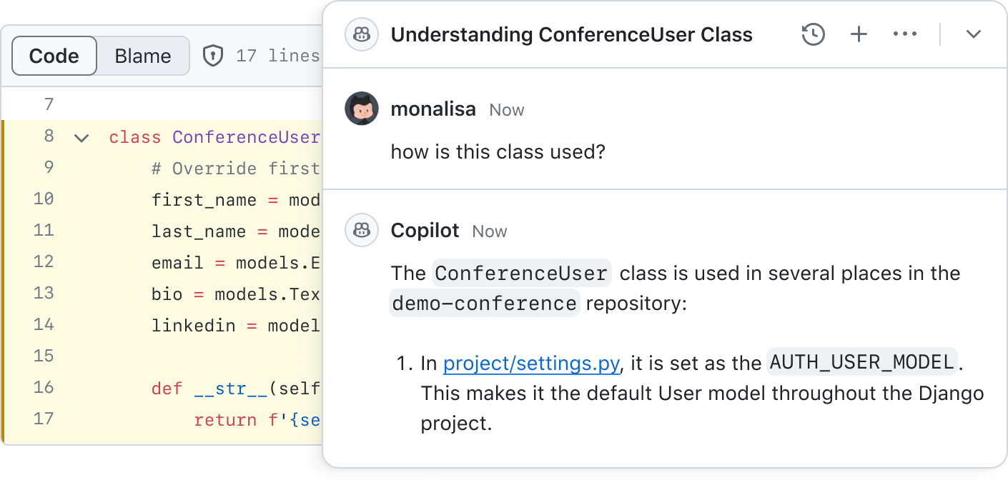 Example conversation demonstrating how GitHub Copilot can access the code you are currently looking at