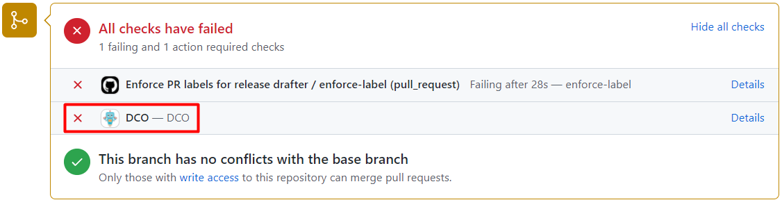 A pull request check that failed because a commit was not signed off