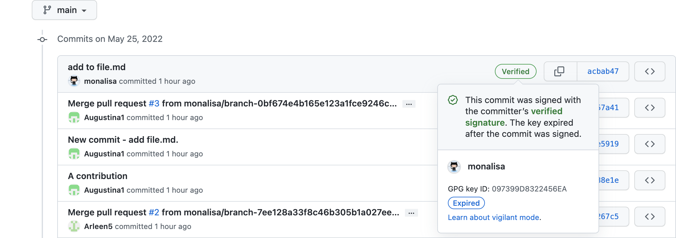 An image of GitHub showing a commit's signature as verified even though its public GPG key is expired