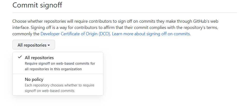 GitHub's organization-level setting for requiring sign off on commits made in the web interface