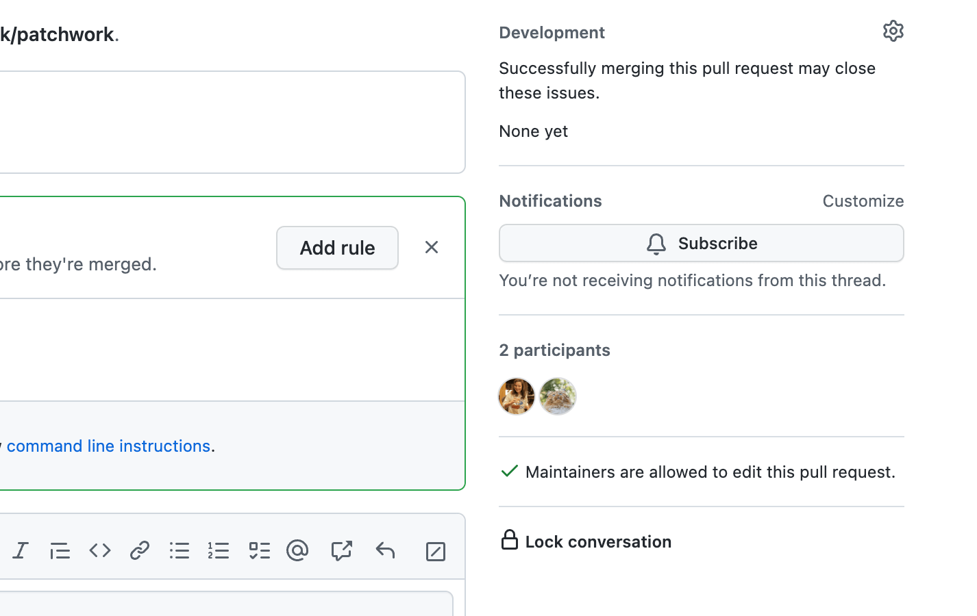 Screenshot of indicator that Pull Request is editable