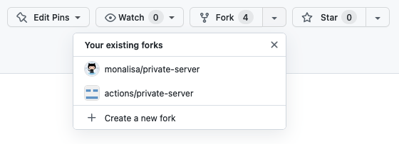 Example of the "your existing forks" dropdown