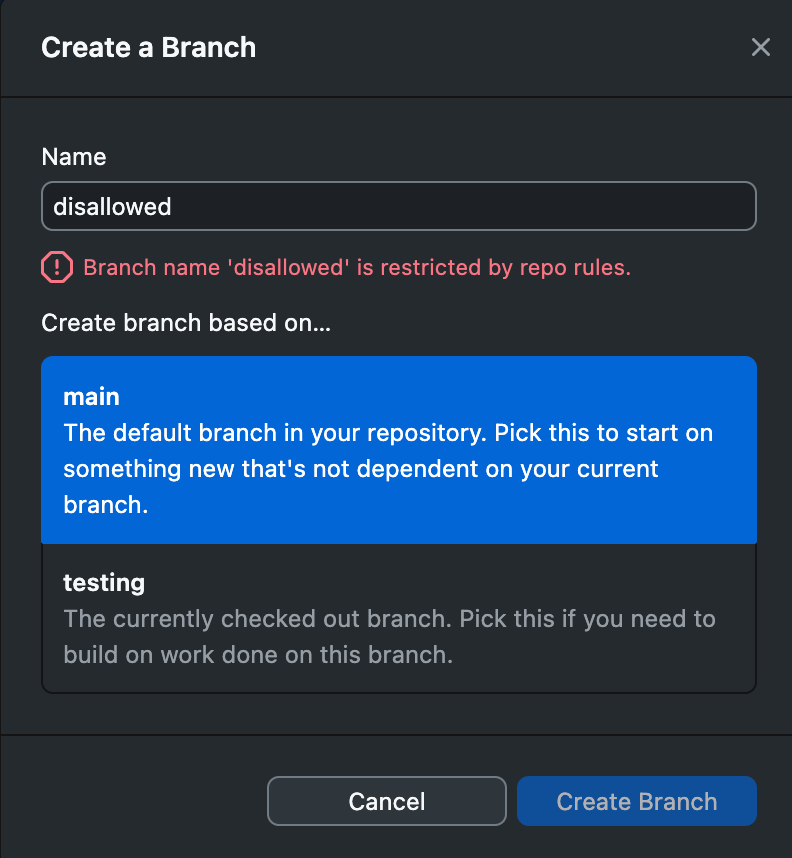 GitHub Desktop’s “Create a branch” dialog showing a disallowed branch name error