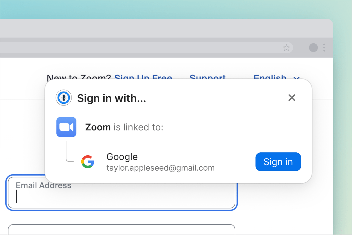 Browser window displaying the Zoom login page. A 1Password popup offers to sign in using Google credentials linked to a Zoom account
