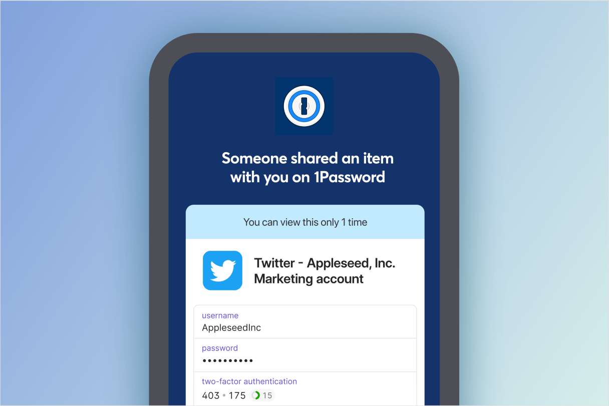 Phone displaying a webpage with the text "Someone shared an item with you on 1Password" and various account details for a company Twitter account, such as username, password, one-time password, and a note
