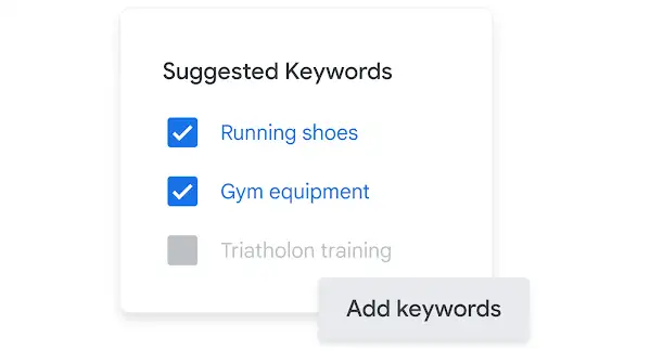 UI shows a keyword suggestion selector