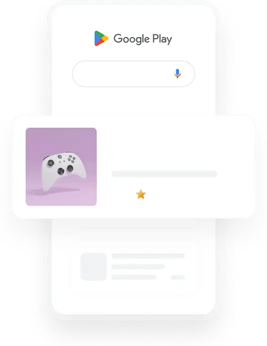 Illusztráció egy telefonról, amelyen releváns alkalmazáshirdetés jelenik meg egy játékalkalmazás-fejlesztő cégre irányuló Google Play-keresésre.