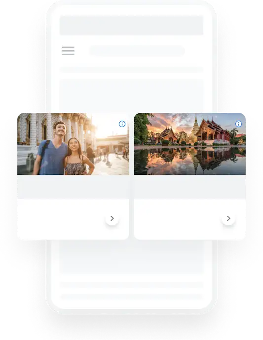 Illusztráció egy telefonról, amelyen kapcsolódó vizuális hirdetések jelennek meg egy délkelet-ázsiai utazásokkal kapcsolatos Google-keresésre.