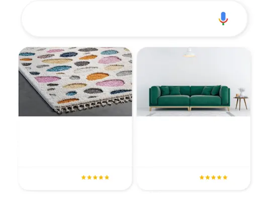 Ilustracija telefona z iskalno poizvedbo v Googlu za izdelke za dom, na podlagi katere se prikažeta dva ustrezna oglasa za Nakupovanje.